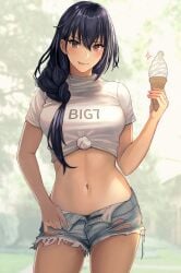 1girls black_hair black_panties blurry_background breasts brown_eyes casual casual_clothes cowboy_shot female female_focus female_only front-tie_top grass holding_ice_cream holding_ice_cream_cone ice_cream ice_cream_cone jean_shorts kantai_collection kasumi_(skchkko) large_breasts light-skinned_female long_hair midriff nagato_(kantai_collection) navel open_shorts outside pale-skinned_female panties park ripped_shorts shirt shorts solo solo_female t-shirt text_on_shirt trees unbuttoned_shorts white_shirt wholesome