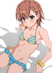 1girls 2020s 2021 :< bare_shoulders bare_thighs bikini blue_bikini blush breasts brown_eyes brown_hair brunette collarbone female frilled_bikini frown fujikawa_daichi hair_flower hair_ornament hips looking_at_viewer matching_hair/eyes midriff misaka_mikoto multicolored_bikini navel official_alternate_costume shadow short_hair sitting small_breasts solo swimsuit teenage_girl teenager thighs to_aru_kagaku_no_railgun to_aru_majutsu_no_index white_background young