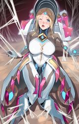 agate_(xenoblade) blonde_hair blue_eyes bodysuit bondage breasts core_crystal highres large_breasts negresco nintendo thick_thighs thighs web web_bondage white_bodysuit wink xenoblade_(series) xenoblade_chronicles_2