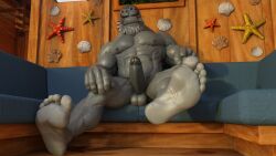 3d 3d_(artwork) anthro balls bara barazoku beard big_penis boner darkviperbara erection eye_markings facial_hair feet furry gay grey_body grin looking_at_viewer male male_only marine muscles muscular my_hero_academia penis seal selkie_(my_hero_academia) smiling solo solo_male spotted_seal whiskers white_hair