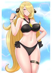 1girls bikini black_bikini black_swimsuit blonde_hair bracelet breasts cynthia_(pokemon) grey_eyes hair_ornament hair_over_one_eye holding_poke_ball kaos_art large_breasts long_hair looking_at_viewer mega_stone midriff milf navel nintendo pokeball pokemon pokemon_dppt side-tie_bikini side-tie_swimsuit swimsuit thigh_strap ultra_ball z-crystal