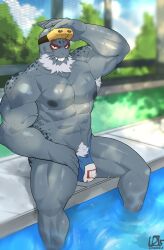 anthro balls bara barazoku beard bulge dannon-5 eye_markings facial_hair furry gay grey_body looking_at_viewer male male_only marine muscles muscular my_hero_academia penis seal selkie_(my_hero_academia) solo solo_male spotted_seal spread_legs thong wet whiskers white_hair