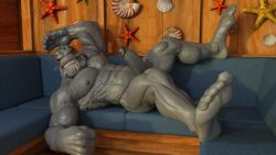 3d 3d_(artwork) anthro balls bara barazoku beard big_penis boner darkviperbara erection eye_markings facial_hair furry gay grey_body grin male male_only marine muscles muscular my_hero_academia penis seal selkie_(my_hero_academia) smiling solo solo_male spotted_seal spread_legs whiskers white_hair