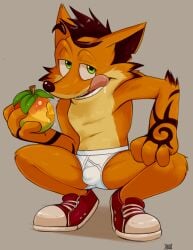 1boy 2020 ass balls_bulge bandicoot briefs bulge butt crash_(series) crash_bandicoot crash_bandicoot_(series) crash_of_the_titans dandi food fruit fur furry furry_only green_eyes hand_on_leg male male_focus male_only marsupial murasaki1991 no_humans orange_hair partially_clothed penis_bulge pinup red_shoes red_sneakers seductive seductive_smile shoes simple_shading sneakers solo solo_male spread_legs spreading spreading_legs squat squatting tan_fur tattoo tattooed_arm teeth teeth_visible testicle_bulge tongue tongue_out underwear white_briefs white_underwear wumpa_fruit