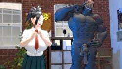 1boy 1girls black_hair clothed_female_nude_male dominica9 eyeless_nomu horsecock looking_at_penis momo_yaoyorozu muscular_male my_hero_academia nomu protagonistsub_antagonistdom school_uniform tagme u.a._school_uniform