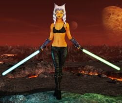 1girls 3d ahsoka_tano black_boots black_bra black_legwear blue_eyes female female_only lava lightsaber orange_body orange_skin ribs skin_tight skinny small_breasts solo star_wars that3dartist the_clone_wars:_season_seven togruta