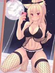 1girls animal_ears black_bra black_panties blonde_hair bow bow_in_hair bra breasts cat_ears catgirl female fishnets hi_res hips huge_breasts lingerie long_hair panties ponytail red_eyes slim_waist tail thick_thighs thighs tiffy tiffynyaa wide_hips