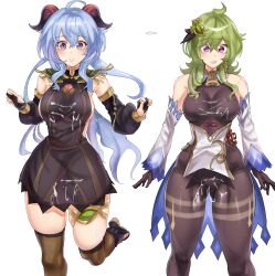 2girls artist_name big_breasts blue_hair breasts busty clothes_swap collei_(genshin_impact) cum cum_on_body cum_on_breasts cum_on_pussy cum_string female female_only ganyu_(genshin_impact) genshin_impact green_hair multiple_girls o22no purple_eyes simple_background thick_thighs thighs white_background