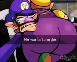 2022 2boys artist_name ass ass_focus big_ass bubble_butt english_text fat_ass he_wants_to_order huge_ass looking_at_viewer male male_only mario_(series) meme multiple_boys nintendo sigyoshi solo_male text waluigi wario