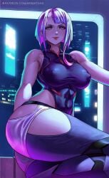 1girls arimatang blue_eyes breasts cd_projekt_red cyberpunk:_edgerunners cyberpunk_2077 female hips huge_breasts light-skinned_female light_skin looking_at_viewer lucyna_kushinada multicolored_hair short_hair slim_waist smile studio_trigger thick_thighs thighs wide_hips