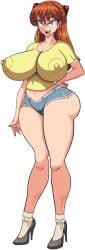 alcione asuka_langley_sohryu big_ass big_breasts breasts female green_eyes micro_shorts mini_short neon_genesis_evangelion nipples open_mouth shorts tagme thick_thighs