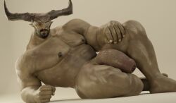 3d 3d_(artwork) big_muscles big_penis digital_media_(artwork) dragon_age foreskin genitals hi_res horn humanoid iron_bull male male_only muscular nipples pecs penis qunari solo solo_male video_games voluox