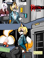 absurd_res anal anthro anus ass blonde_hair blush bottomwear canid canine ceri_(jwp) choker clothed clothing comic crossdressing detailed_background digital_media_(artwork) digital_painting_(artwork) dildo dirtyscoundrel duo erection eyewear female fox fur furry genitals girly glasses hair hi_res humanoid_genitalia internal jewelry leggings legwear lingerie looking_pleasured male male_penetrated mammal necklace one_eye_closed open_mouth orange_body orange_fur penetration penis pink_body pink_fur science_fiction sex_toy skirt text ursid watermark white_body white_fur wink