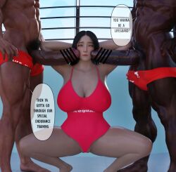 1girls 2boys 3d abs big_penis black_hair cleavage dark-skinned_male dark_skin english_text erection female huge_breasts interracial lifeguard male muscular_male penis queltza text