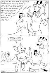 antelope anthro beckoning bedroom_eyes beverage black_and_white bottomwear bovid breasts clothed clothing coffee comic dani_(tegerio) dialogue duo_focus ear_piercing ear_ring english_text erection_under_skirt female fur futanari gesture grin group gynomorph gynomorph/female hair intersex intersex/female kangaroo kangy_(tegerio) macropod male mammal marsupial monochrome narrowed_eyes navel piercing pouch_(anatomy) ring_piercing seductive skirt smile tegerio text tongue tongue_out topless trio