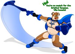 anthro belly briefs bulge cape clothing cricetid dialogue ear_piercing ear_ring fur glistening glistening_body glistening_skin hair hamster harness male mammal melee_weapon moobs navel nipples notkastar open_mouth pecs piercing ring_piercing rodent shield slightly_chubby solo swinging_weapon sword text underwear weapon