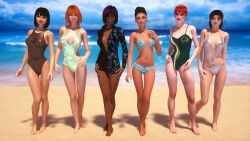 3d 6girls beach bikini black_hair brown_hair dark-skinned_female group light-skinned_female mbirdcz red_hair swimsuit