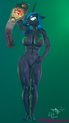 1girls 3d abs absurd_res animal_print anthro anthrofied arthropod black_body breasts changeling cow_print cowprint_lingerie dietshantytown digital_media_(artwork) fangs featureless_crotch female female_only forked_tongue friendship_is_magic furry glistening glistening_body green_background green_eyes green_hair green_theme hair hasbro hi_res horn muscular muscular_anthro muscular_female my_little_pony nipples nude open_mouth open_smile queen_chrysalis_(mlp) simple_background smile solo tongue wrestler_belt