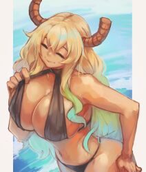 1girls big_breasts bikini bikini_bottom bikini_top black_bikini blonde_hair breasts closed_eyes female female_only hair horns huge_breasts larribee long_hair mature mature_female mature_woman miss_kobayashi's_dragon_maid quetzalcoatl_(dragon_maid) skimpy skimpy_bikini smile solo solo_female swimsuit swimwear two_tone_hair