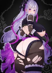 1girls areolae areolae_peeking ass back back_view background big_ass big_breasts blush breasts clothing dat_ass eternity_(last_origin) female female_only hair hair_ornament huge_ass huge_breasts last_origin legwear long_hair otouto_26 purple_eyes purple_hair ripped_clothing ripped_leggings sideboob solo solo_female thighs