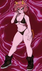 alternate_breast_size ass belly big_ass big_breasts big_butt bikini black_sclera bursting_breasts butt colored_sclera colored_skin curvy curvy_body curvy_female curvy_figure curvy_hips fat_thighs horns huge_breasts huge_thighs large_breasts legs looking_at_viewer marusaru_maia mina_ashido my_hero_academia naughty_face navel pink_hair pink_skin swimsuit thick_thighs thighs wide_hips yellow_eyes