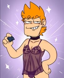 condom eddsworld ginger ginger_hair holding_condom lingerie matt_(eddsworld) purple seductive_look