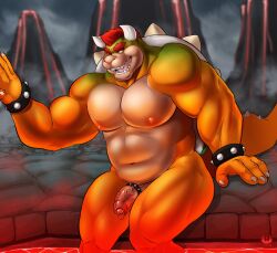 2022 4_fingers absurd_res anthro belly bowser claws cock_ring eldiman eyebrows finger_claws fingers foreskin genitals glans hair hi_res humanoid_genitalia humanoid_penis koopa male male_only mario_(series) navel nintendo nipples open_mouth penis red_eyebrows red_hair scalie shell solo spiked_shell spikes spikes_(anatomy) teeth thick_eyebrows tongue vein veiny_penis video_games