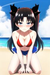 1girls 2d ai_generated bad_hands bangs beach black_hair blue_skirt blush bra cleavage clouds color fate/stay_night fate_(series) female female_only frown light-skinned_female light_skin long_hair nai_diffusion pleated_skirt red_bra sea skirt sky solo stable_diffusion tohsaka_rin twintails