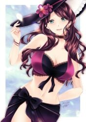 1girls asa_(asakisafe1) bare_midriff breasts brown_hair cleavage dorothea_arnault dorothea_arnault_(summer) earrings female female_only fire_emblem fire_emblem:_three_houses fire_emblem_heroes green_eyes hat large_breasts long_hair looking_at_viewer midriff nail_polish nintendo open_mouth pink_nails sarong smile solo sun_hat