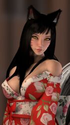 3d ahri black_hair brown_hair female fox fox_ears kimono league_of_legends tease virtamate yellow_eyes zhon