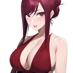 1girls ai_generated big_breasts cleavage dress erza_scarlet fairy_tail nai_diffusion red_hair stable_diffusion tied_hair