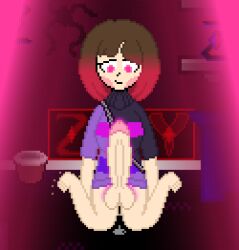 1futa 2d balls bete_noire blush bottomless breasts brown_hair clothed clothing erection futa_only futanari glitchtale glowing glowing_eyes huge_cock human illusion kneeling large_penis laying_down light-skinned_futanari light_skin partially_clothed penis pink_eyes pink_hair pink_highlights pixel_art self_upload solo undertale undertale_(series) undertale_au z!betty zixy