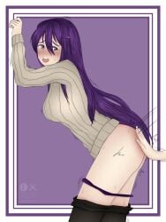 1girls 2021 arms_up black_leggings black_leggings_down blush dated doki_doki_literature_club female flustered genkun gnyrkd leggings leggings_down long_hair looking_back looking_back_at_another open_mouth panties pants_down purple_eyes purple_hair purple_panties purple_panties_down red_ass spanking spanking_ass sweat sweatdrop sweating turtleneck turtleneck_sweater yuri_(doki_doki_literature_club)