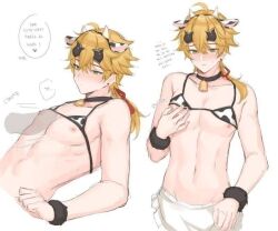 1boy abs animal_ears artist_request bell blonde_hair blush closed_mouth cow_ears cow_horns disembodied_penis femboy genshin_impact girly green_eyes hair_between_eyes hair_ornament headband horns long_hair male male_only navel neck_bell nipples otoko_no_ko penis ponytail source_request stomach thoma_(genshin_impact) toned toned_male underwear wristband yaoi