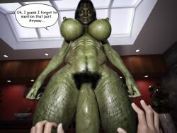 3d abs big_penis breasts daz_studio english_text futanari green_skin hairy hairy_legs hairy_penis imminent_oral looking_at_viewer misuzalha3d muscular nipples olga_(misuzalha3d) penis pubic_hair render self_upload speech_bubble sweaty taker_pov ugly_futa veiny_penis