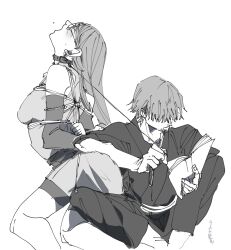 1boy 1girls arms_behind_back arms_tied blush bondage bound clothed collar female female_masochism gintama glasses greyscale hattori_zenzou head_back long_hair male masochism masochist monochrome open_mouth reading rope rope_bondage sarutobi_ayame white_tea