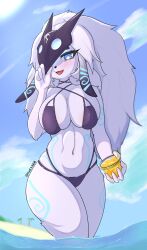 2022 anthro beverage bikini blue_eyes bovid breasts caprine cleavage clothed clothing container cup deng_keon female fur hi_res kindred lamb_(league_of_legends) league_of_legends liquid mammal mask one_eye_obstructed riot_games sheep solo summer video_games white_body white_fur