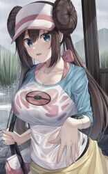 1girls alternate_breast_size amagi_korona blue_eyes blush bra_visible_through_clothes breasts female game_freak huge_breasts light-skinned_female light_skin nintendo outdoors pokemon pokemon_bw2 rain rosa_(pokemon) see-through see-through_clothing twin_buns twintails wet wet_body wet_clothing wet_t-shirt