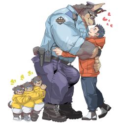 anthro belt big_bulge black_hair boots bottomwear brown_body brown_fur bulge canid canine canis chan_kiti_chan_(artist) clothing domestic_dog ear_piercing embrace eye_contact family father father_and_child father_and_son footwear fur german_shepherd group hair heart herding_dog hi_res holding_partner hug huge_bulge human human_on_anthro interspecies larger_anthro larger_male looking_at_another male male/male mammal pants parent parent_and_child pastoral_dog piercing police_hat police_officer police_uniform radio romantic romantic_couple size_difference smaller_human smaller_male son sweater topwear uniform