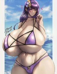 1girls alternate_breast_size artist_signature bikini breasts curvaceous curvy female genshin_impact hi_res hips huge_breasts hyper hyper_breasts light-skinned_female light_skin massive_breasts purple_bikini purple_eyes purple_hair raiden_shogun thick_thighs thighs voluptuous wide_hips zer0artzer0