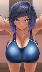 1girls armpits arms_up bent_over blue_eyes blue_hair blush bob_cut breasts busty curvy female femdom genshin_impact haihm07 hanging_breasts hi_res kabedon looking_at_viewer one-piece_swimsuit pov seductive short_hair smile swimsuit yelan_(genshin_impact)