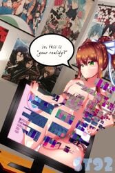 1girls blush bow brown_hair dialogue dialogue_bubble doki_doki_literature_club female glitch glitching green_eyes light-skinned_female monika_(doki_doki_literature_club) naked nude pale-skinned_female pc perdonsito ponytail poster posters real_life real_life_background reality_warping solo solo_female text text_bubble white_bow