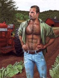 abs barn beard chest_hair clothed daddy dilf facial_hair farmer farming flannel_shirt hairy hairy_chest hands_on_waist jeans large_pectorals male male_only michael_breyette muscle muscles muscular nipples open_shirt pecs pectorals plant solo tractor