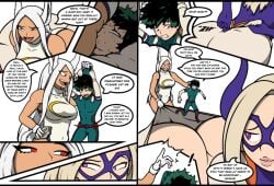 1boy 2girls age_difference ass big_ass big_breasts big_butt blonde_hair breasts bunny_ears bunny_girl butt color colored dark-skinned_female facesitting female female/male/female femdom giantess gloves green_eyes green_hair hero_outfit_(mha) huge_ass izuku_midoriya izuku_midoriya_(hero_outfit) light-skinned_female light-skinned_male male male/female/female midoriya_izuku midoriya_izuku_(hero_outfit) miruko mount_lady my_hero_academia open_clothes open_mouth ourcouncil pink_eyes pleasure pleasure_face red_eyes rumi_usagiyama smaller_male speech_bubble takeyama_yuu text text_bubble usagiyama_rumi white_hair yuu_takeyama