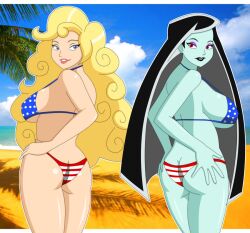 2girls alter-ego american_flag_bikini ass back_view backside beach big_breasts bikini black_hair blonde_hair blue_eyes breasts busty curvy dat_ass dual_persona duo female golden_locks hair_razor hands_on_ass hands_on_hips lipstick long_hair looking_at_viewer makeup multiple_girls nickelodeon nipples pose presenting presenting_hindquarters side_by_side sideboob smile smiling_at_viewer straight_hair swimsuit the_fairly_oddparents unknown_artist usa_bikini voluptuous