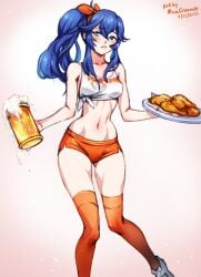 1girls alcohol alternate_costume alternate_hairstyle ass_visible_through_thighs bangs bare_thighs beer beer_mug blue_eyes blue_hair blush bow breasts cleavage clothes_writing cup drink employee_uniform female female_only fire_emblem fire_emblem_awakening food full_body hair_between_eyes hooters long_hair looking_at_viewer lucina_(fire_emblem) minacream mug navel nintendo no_legwear orange_shorts ponytail short_shorts shorts side_ponytail simple_background small_breasts smile solo symbol-shaped_pupils tank_top thighhighs thighs uniform waitress