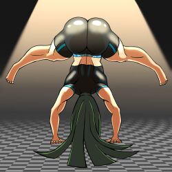 alternate_version_available ass back_view big_ass bubble_ass checkered_floor dual_dragon female green_hair gym_clothes handstand long_hair muscular muscular_female original_character shirt shorts simple_background text_on_clothing thick_thighs