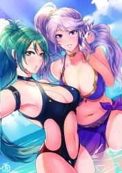 2girls alternate_costume armpits ass_visible_through_thighs bare_thighs black_one-piece_swimsuit black_swimsuit breasts cleavage color earrings female female_only fire_emblem fire_emblem:_genealogy_of_the_holy_war green_eyes green_hair ishtar_(fire_emblem) kurono_kiria large_breasts long_hair looking_at_viewer multiple_girls nail_polish nintendo ocean one-piece_swimsuit open_mouth outdoors partially_submerged ponytail purple_bikini purple_eyes purple_hair purple_nails purple_swimsuit reaching_out revolverwingstudios sarong see-through selfie side_ponytail smile thick_thighs thighs tokyo_mirage_sessions_#fe very_long_hair water