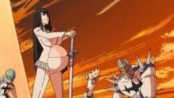 belly big_belly big_breasts black_hair breasts casual clothing edit female human kill_la_kill kiryuuin_satsuki morphtothetop pale_skin pregnant screenshot_edit weapon