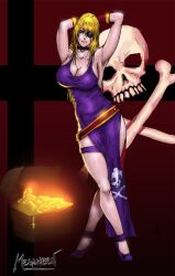 1girls artist_name big_breasts bonne_jenet breasts busty cleavage eyepatch fatal_fury female female_only garou:_mark_of_the_wolves green_eyes heels highres king_of_fighters large_breasts legs pink_lips pose posing sensual skull smile snk solo thighs treasure_chest